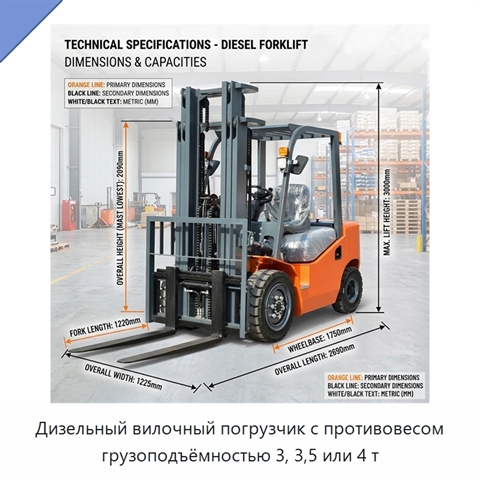 Дизельный вилочный погрузчик с противовесом грузоподъёмностью 3, 3,5 или 4 т