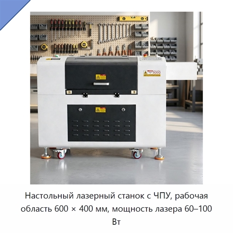 Настольный лазерный станок с ЧПУ, рабочая область 600 × 400 мм, мощность лазера 60–100 Вт