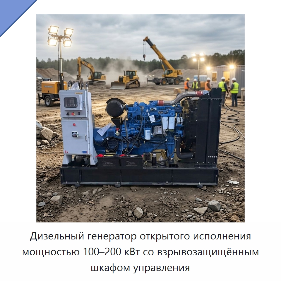 Дизельный генератор открытого исполнения мощностью 100–200 кВт со взрывозащищённым шкафом управления — Дизельные генераторы