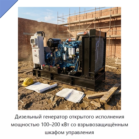 Дизельный генератор открытого исполнения мощностью 100–200 кВт со взрывозащищённым шкафом управления