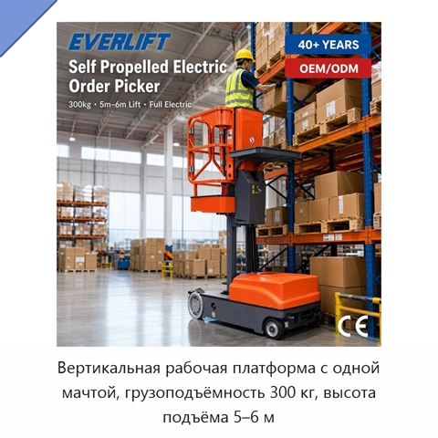 Вертикальная рабочая платформа с одной мачтой, грузоподъёмность 300 кг, высота подъёма 5–6 м