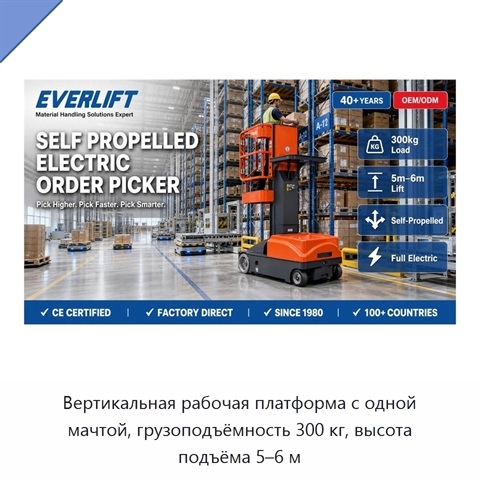 Вертикальная рабочая платформа с одной мачтой, грузоподъёмность 300 кг, высота подъёма 5–6 м