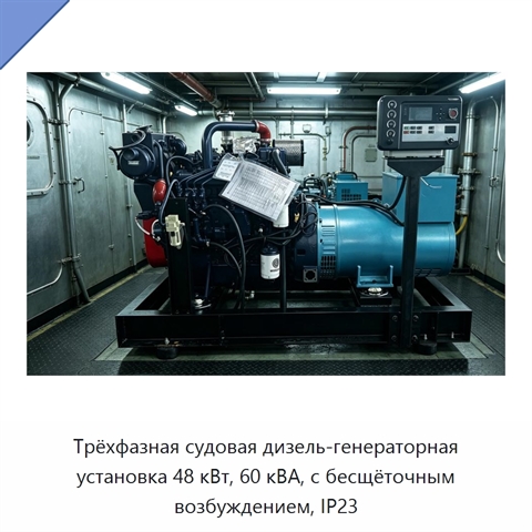 Трёхфазная судовая дизель-генераторная установка 48 кВт, 60 кВА, с бесщёточным возбуждением, IP23