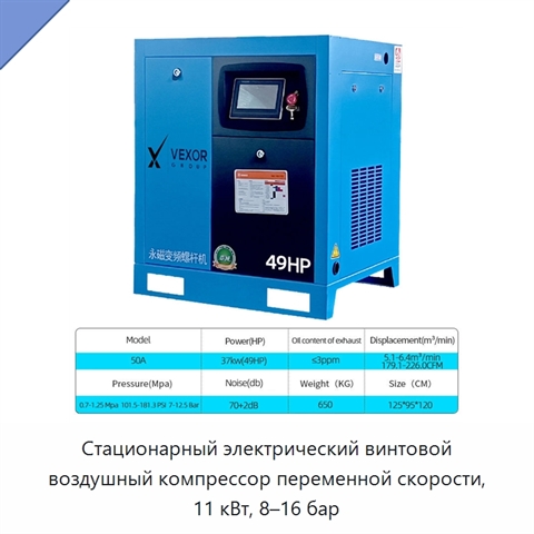 Стационарный электрический винтовой воздушный компрессор переменной скорости, 11 кВт, 8–16 бар