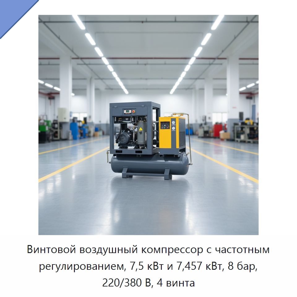 Винтовой воздушный компрессор с частотным регулированием, 7,5 кВт и 7,457 кВт, 8 бар, 220/380 В, 4 винта — Промышленные компрессоры