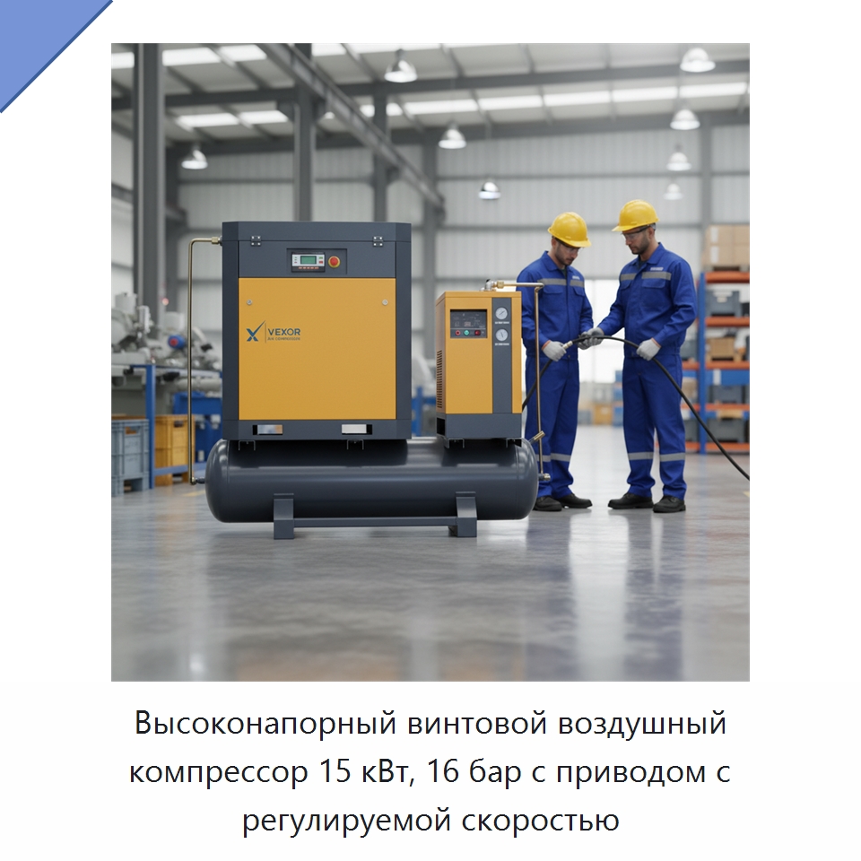 Высоконапорный винтовой воздушный компрессор 15 кВт, 16 бар с приводом с регулируемой скоростью — Промышленные компрессоры