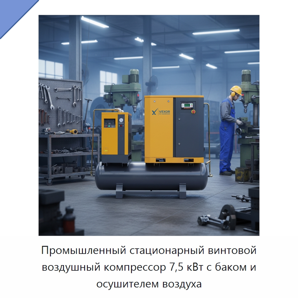 Промышленный стационарный винтовой воздушный компрессор 7,5 кВт с баком и осушителем воздуха — Промышленные компрессоры