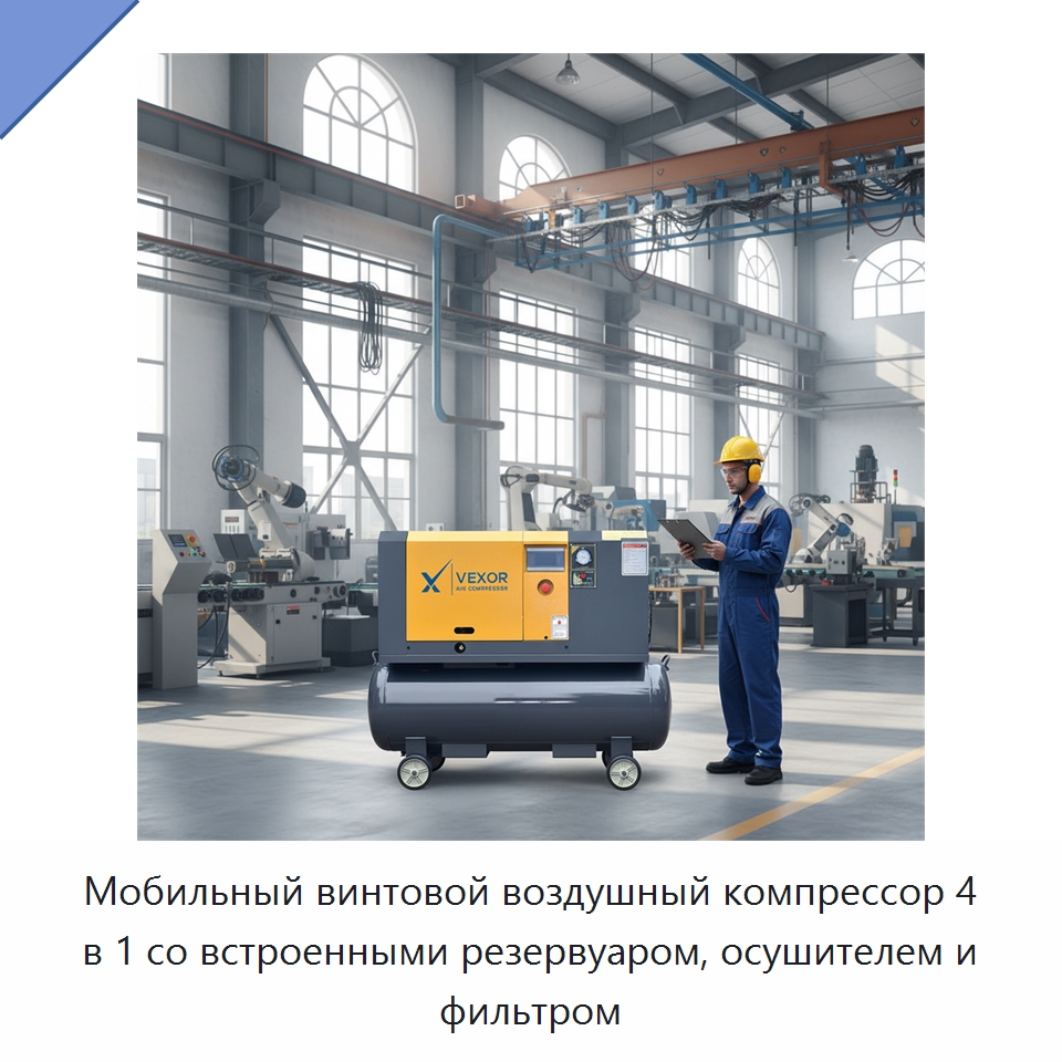 Мобильный винтовой воздушный компрессор 4 в 1 со встроенными резервуаром, осушителем и фильтром — Промышленные компрессоры