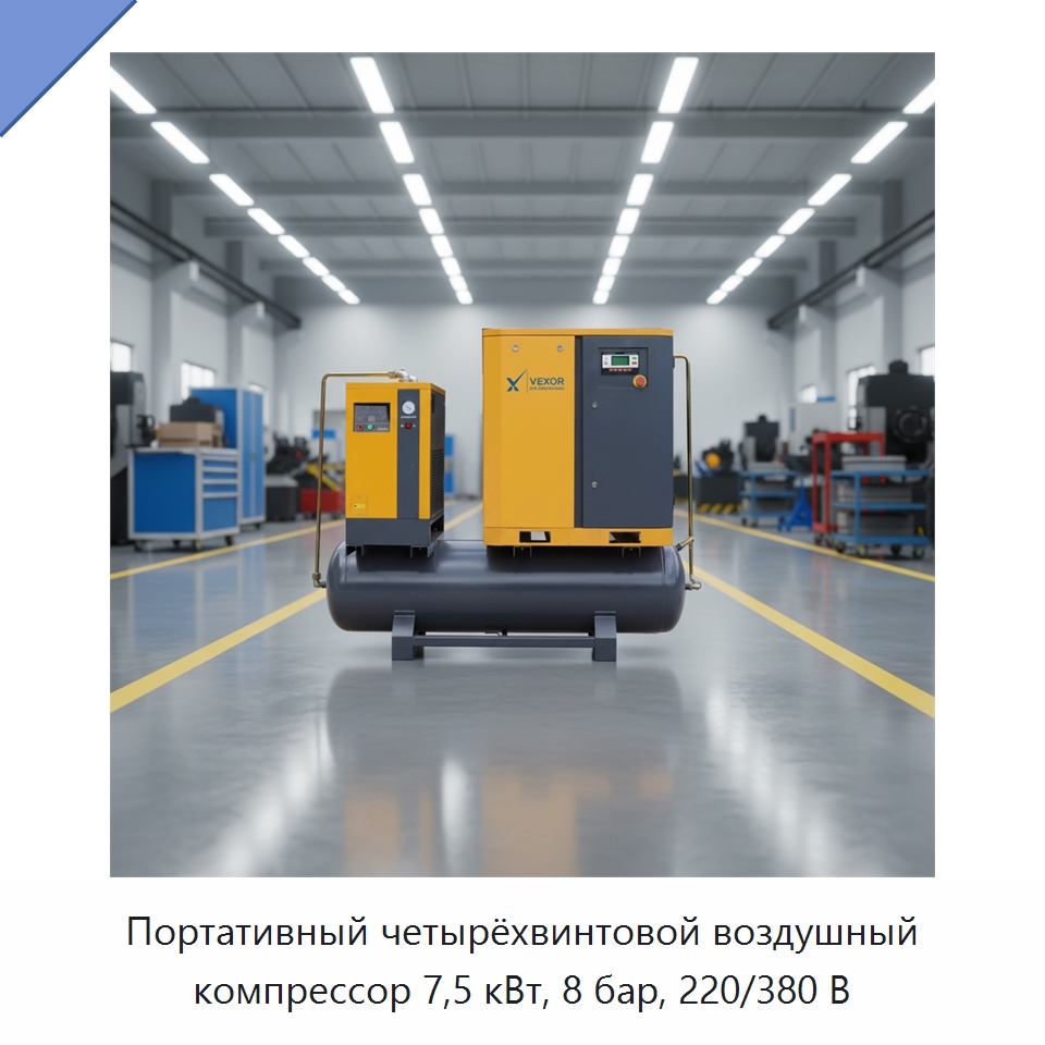 Портативный четырёхвинтовой воздушный компрессор 7,5 кВт, 8 бар, 220/380 В — Промышленные компрессоры