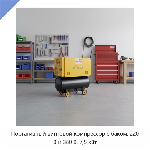 Портативный винтовой компрессор с баком, 220 В и 380 В, 7,5 кВт