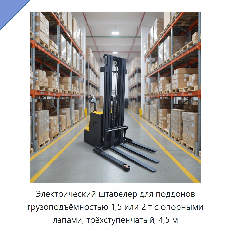 Электрический штабелер для поддонов грузоподъёмностью 1,5 или 2 т с опорными лапами, трёхступенчатый, 4,5 м — Вилочные погрузчики