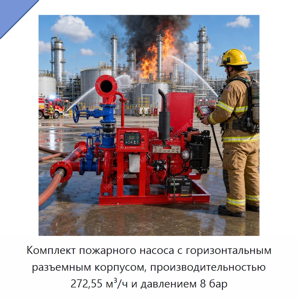 Комплект пожарного насоса с горизонтальным разъемным корпусом, производительностью 272,55 м³/ч и давлением 8 бар — Насосы
