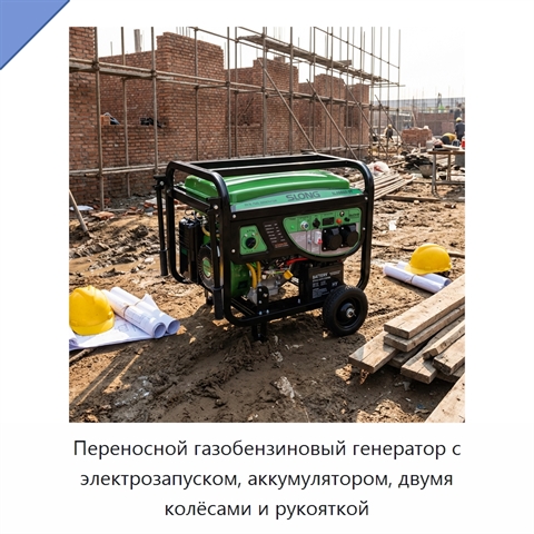 Переносной газобензиновый генератор с электрозапуском, аккумулятором, двумя колёсами и рукояткой