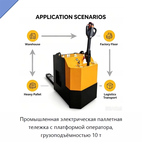 Промышленная электрическая паллетная тележка с платформой оператора, грузоподъёмностью 10 т