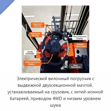 Электрический вилочный погрузчик с выдвижной двухсекционной мачтой, устанавливаемый на грузовик, с литий-ионной батареей, приводом 4WD и низким уровнем шума