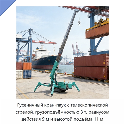 Гусеничный кран-паук с телескопической стрелой, грузоподъёмностью 3 т, радиусом действия 9 м и высотой подъёма 11 м