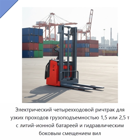 Электрический четырехходовой ричтрак для узких проходов грузоподъемностью 1,5 или 2,5 т с литий-ионной батареей и гидравлическим боковым смещением вил