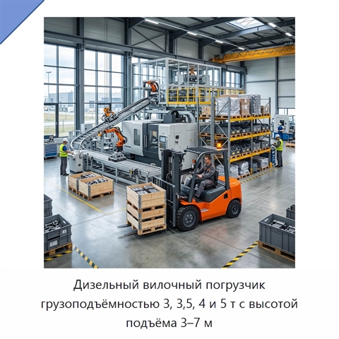 Дизельный вилочный погрузчик грузоподъёмностью 3, 3,5, 4 и 5 т с высотой подъёма 3–7 м
