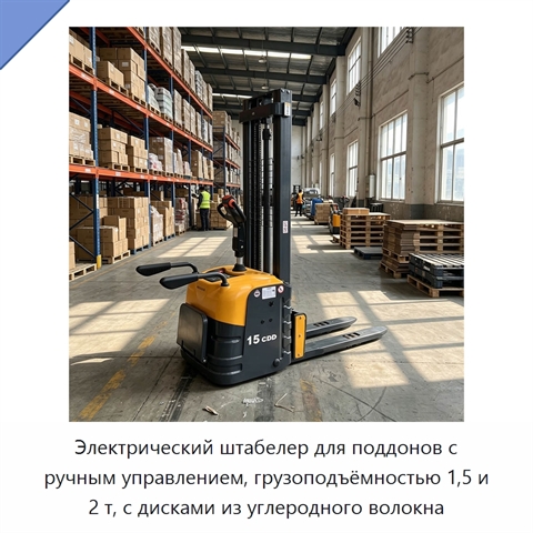 Электрический штабелер для поддонов с ручным управлением, грузоподъёмностью 1,5 и 2 т, с дисками из углеродного волокна