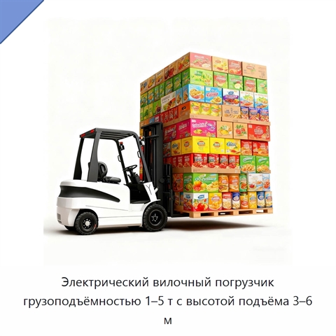 Электрический вилочный погрузчик грузоподъёмностью 1–5 т с высотой подъёма 3–6 м