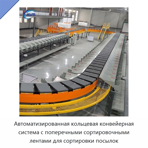Автоматизированная кольцевая конвейерная система с поперечными сортировочными лентами для сортировки посылок