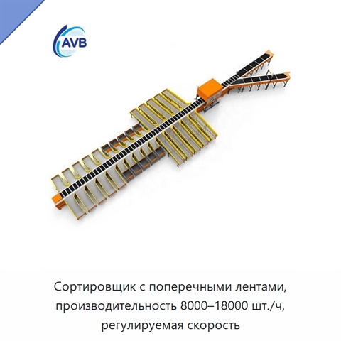 Сортировщик с поперечными лентами, производительность 8000–18000 шт./ч, регулируемая скорость