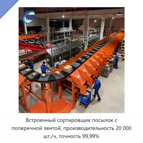 Встроенный сортировщик посылок с поперечной лентой, производительность 20 000 шт./ч, точность 99,99%