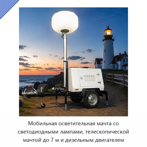Мобильная осветительная мачта со светодиодными лампами, телескопической мачтой до 7 м и дизельным двигателем