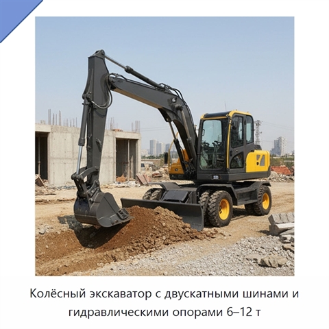 Колёсный экскаватор с двускатными шинами и гидравлическими опорами 6–12 т