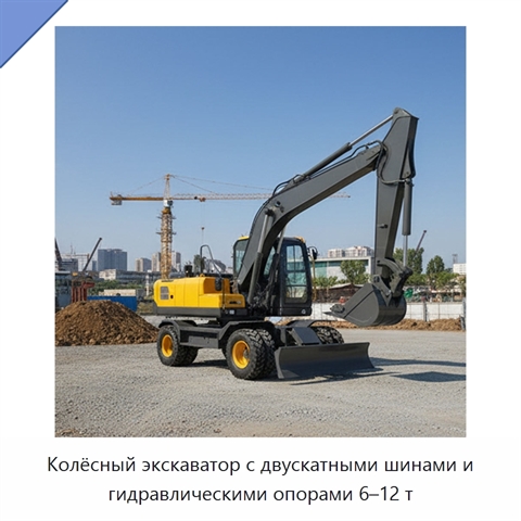 Колёсный экскаватор с двускатными шинами и гидравлическими опорами 6–12 т