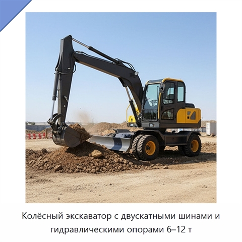 Колёсный экскаватор с двускатными шинами и гидравлическими опорами 6–12 т