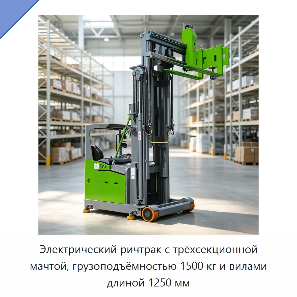 Электрический ричтрак с трёхсекционной мачтой, грузоподъёмностью 1500 кг и вилами длиной 1250 мм — Вилочные погрузчики