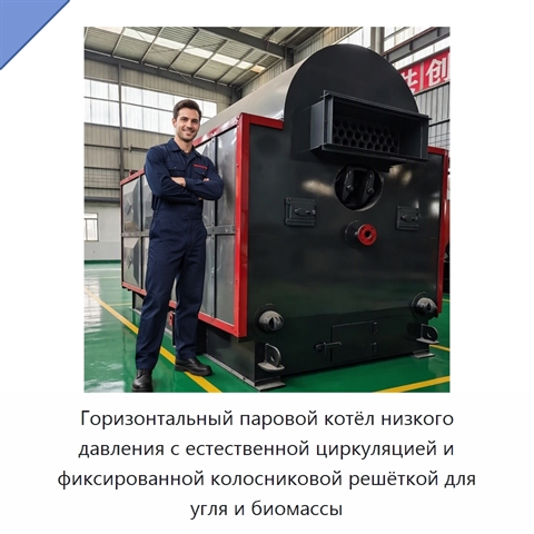Горизонтальный паровой котёл низкого давления с естественной циркуляцией и фиксированной колосниковой решёткой для угля и биомассы