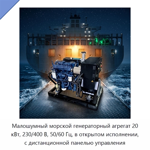 Малошумный морской генераторный агрегат 20 кВт, 230/400 В, 50/60 Гц, в открытом исполнении, с дистанционной панелью управления