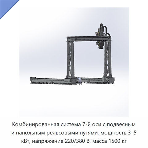 Комбинированная система 7-й оси с подвесным и напольным рельсовыми путями, мощность 3–5 кВт, напряжение 220/380 В, масса 1500 кг