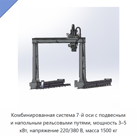 Комбинированная система 7-й оси с подвесным и напольным рельсовыми путями, мощность 3–5 кВт, напряжение 220/380 В, масса 1500 кг