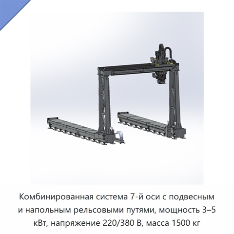 Комбинированная система 7-й оси с подвесным и напольным рельсовыми путями, мощность 3–5 кВт, напряжение 220/380 В, масса 1500 кг