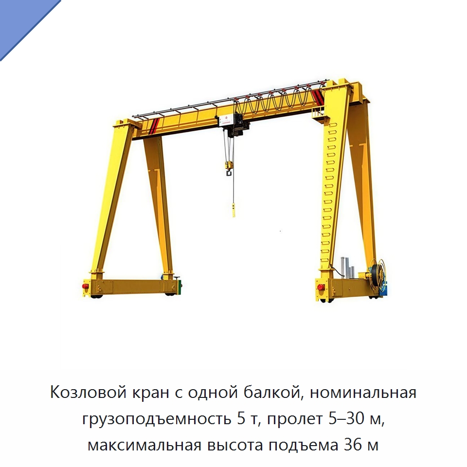 Козловой кран с одной балкой, номинальная грузоподъемность 5 т, пролет 5–30 м, максимальная высота подъема 36 м — Краны