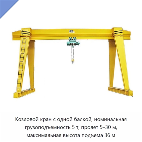 Козловой кран с одной балкой, номинальная грузоподъемность 5 т, пролет 5–30 м, максимальная высота подъема 36 м