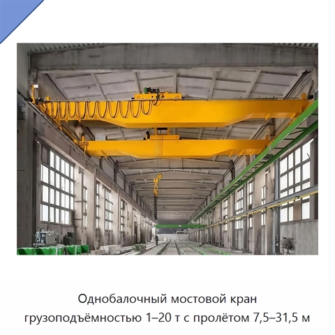 Однобалочный мостовой кран грузоподъёмностью 1–20 т с пролётом 7,5–31,5 м