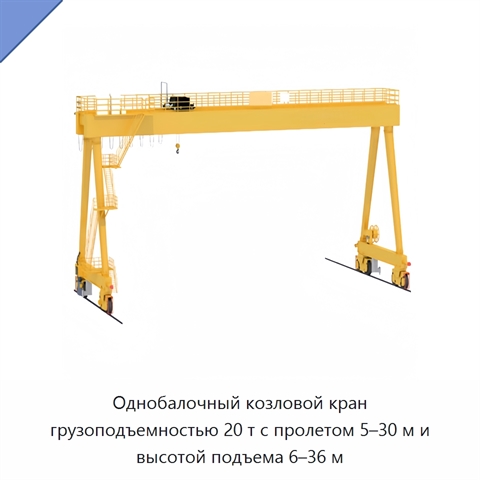 Однобалочный козловой кран грузоподъемностью 20 т с пролетом 5–30 м и высотой подъема 6–36 м