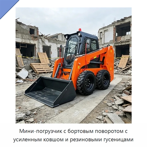 Мини-погрузчик с бортовым поворотом с усиленным ковшом и резиновыми гусеницами