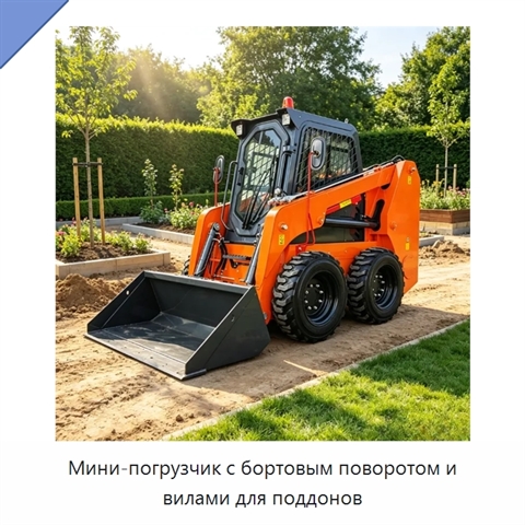Мини-погрузчик с бортовым поворотом и вилами для поддонов