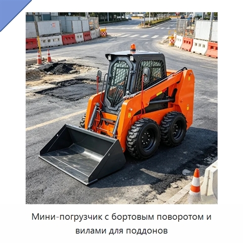 Мини-погрузчик с бортовым поворотом и вилами для поддонов