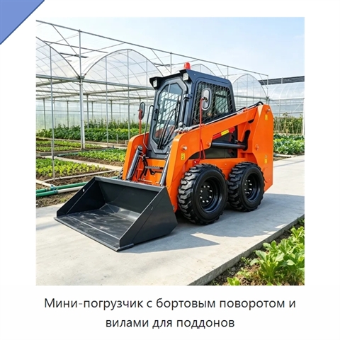 Мини-погрузчик с бортовым поворотом и вилами для поддонов