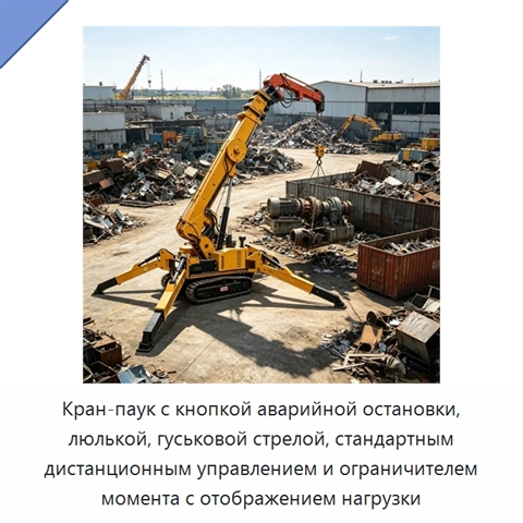 Кран-паук с кнопкой аварийной остановки, люлькой, гуськовой стрелой, стандартным дистанционным управлением и ограничителем момента с отображением нагрузки