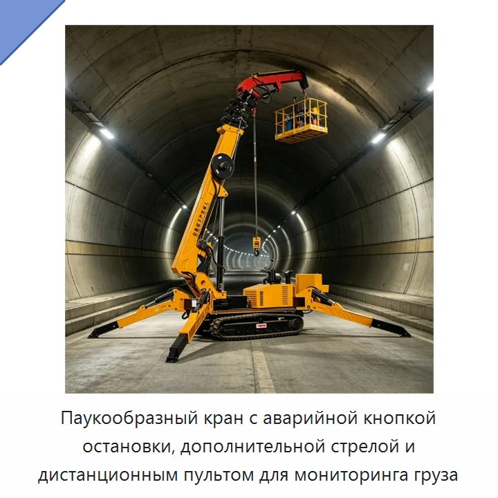 Паукообразный кран с аварийной кнопкой остановки, дополнительной стрелой и дистанционным пультом для мониторинга груза — Краны