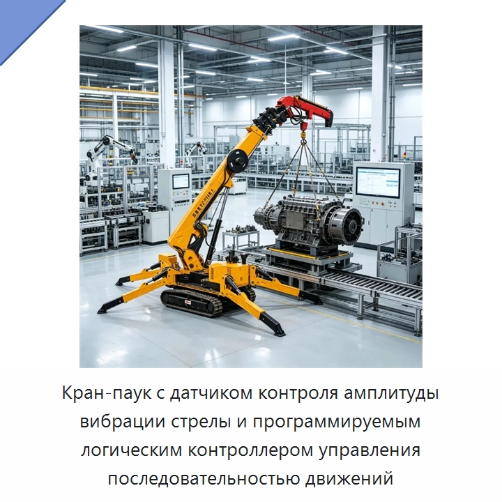 Кран-паук с датчиком контроля амплитуды вибрации стрелы и программируемым логическим контроллером управления последовательностью движений — Краны