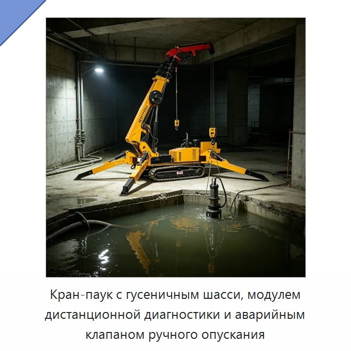 Кран-паук с гусеничным шасси, модулем дистанционной диагностики и аварийным клапаном ручного опускания — Краны